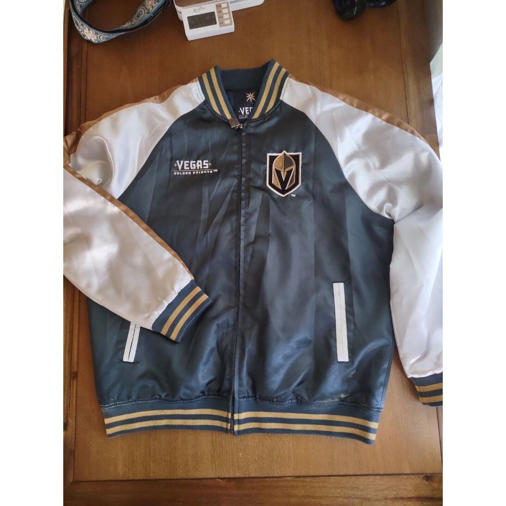 Vegas Golden Knights "satin" Bomber Jacket men's size large. Gold, green, white